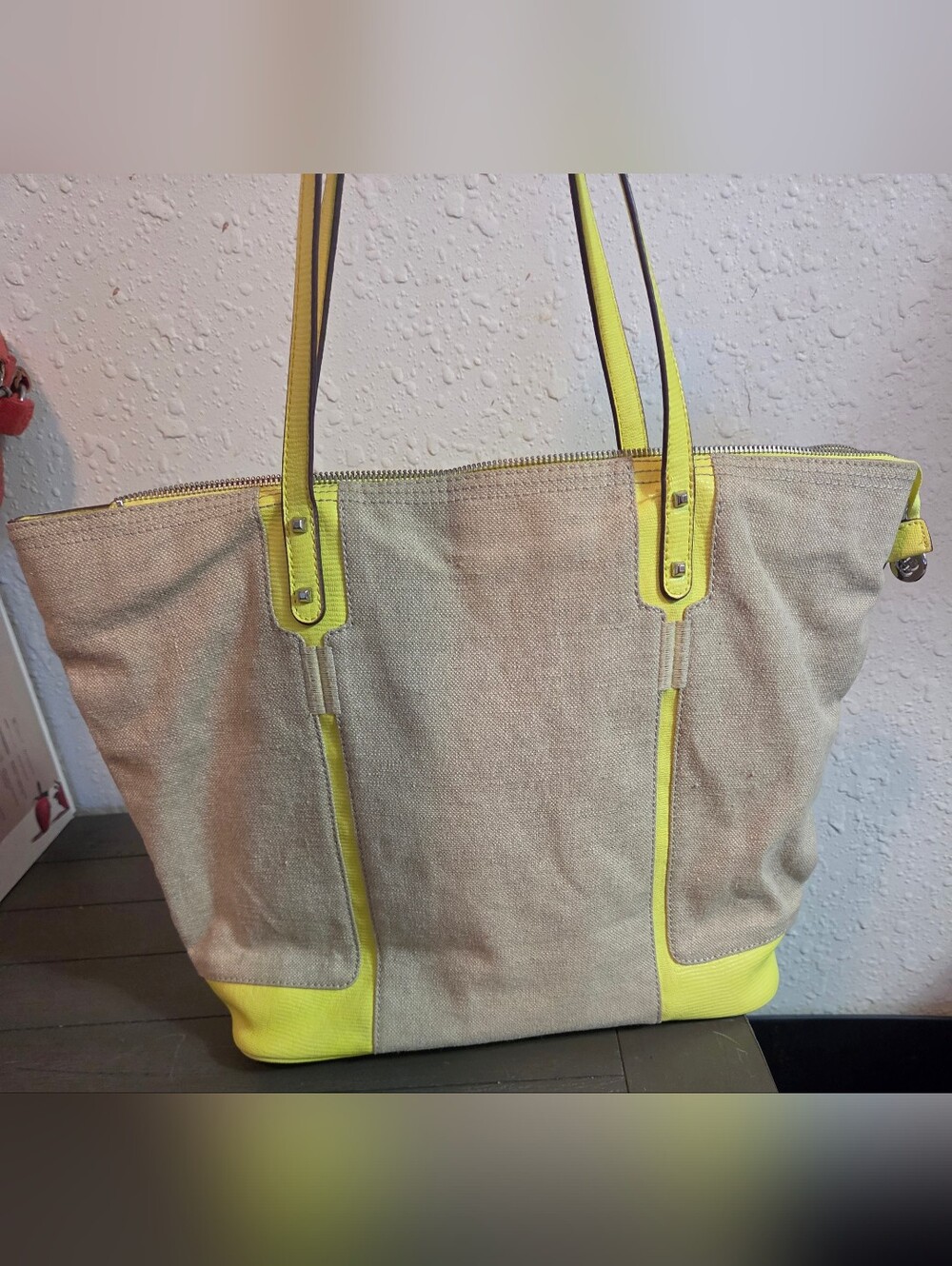 Stella & Dot Beige Canvas Tote with Yellow Trim